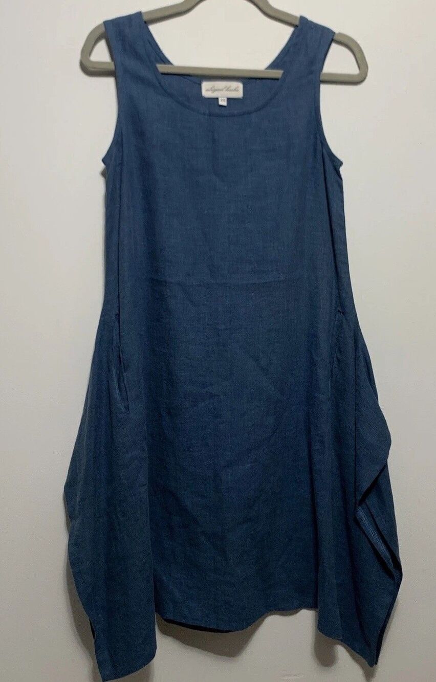 Abigail Heche Blue Linen Tunic Tank Dress Pockets Size XS Lagenlook